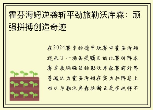 霍芬海姆逆袭斩平劲旅勒沃库森：顽强拼搏创造奇迹